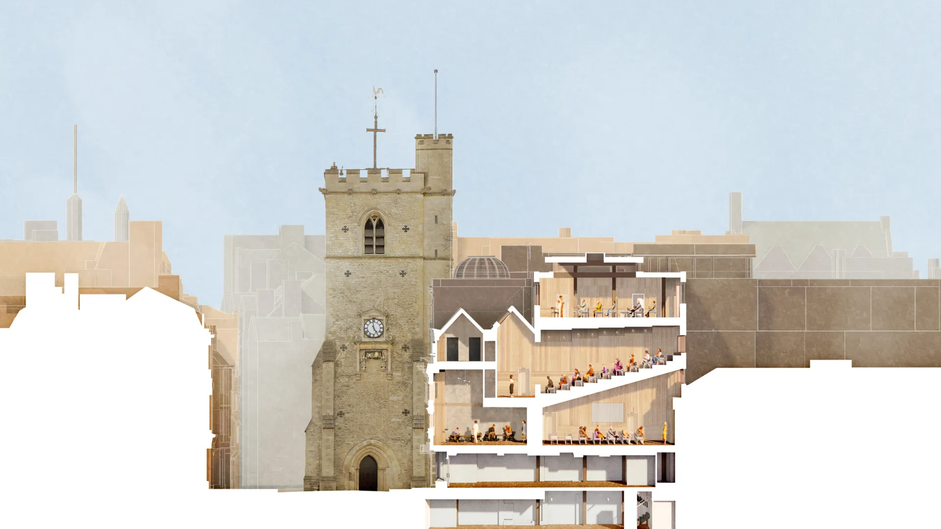 Architectural rendering of a section drawing of All Souls College's new proposal