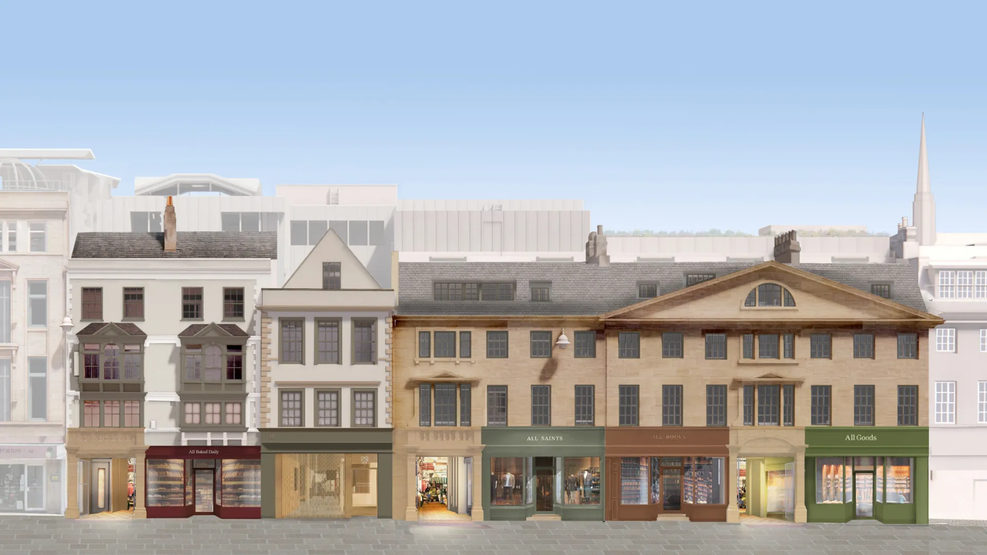 Architecture render of the new All Souls College proposal in Oxford showing the new high street frontage