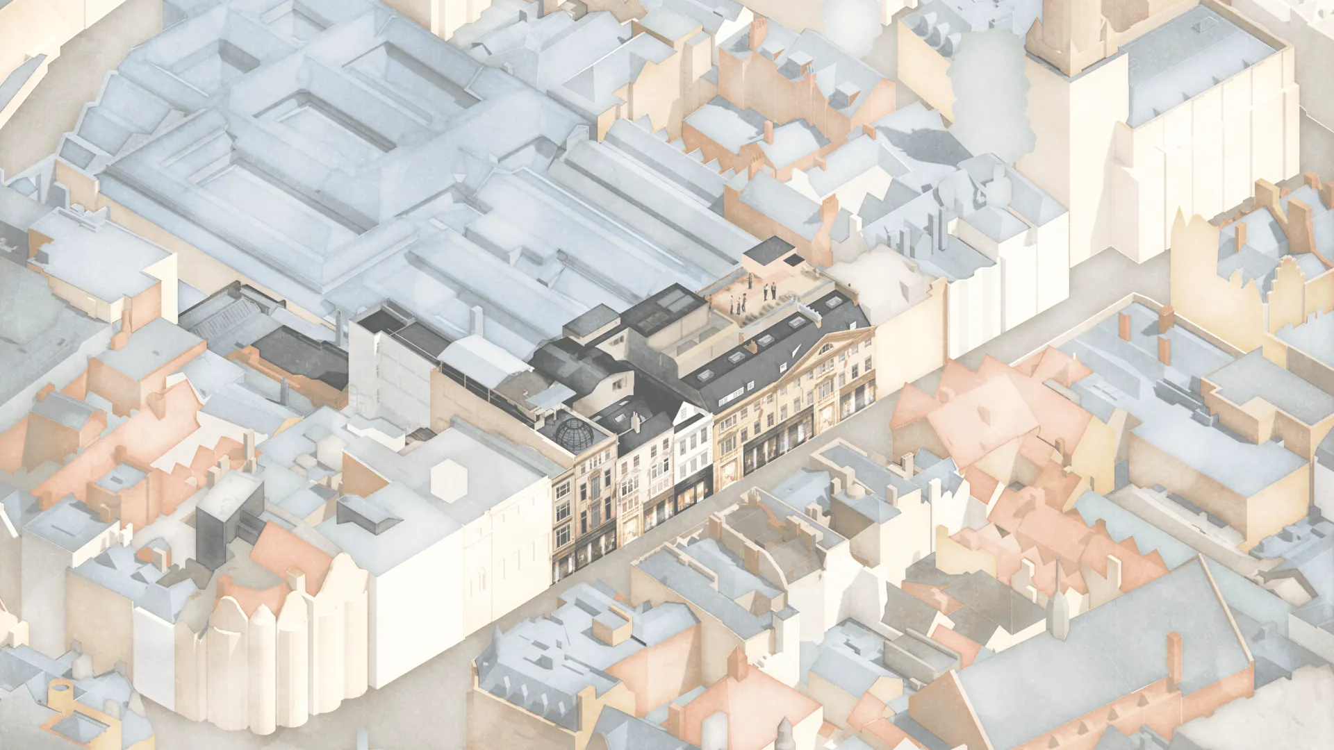 Architecture render of the new All Souls College proposal in Oxford showing the new high street frontage in an Axonometric View