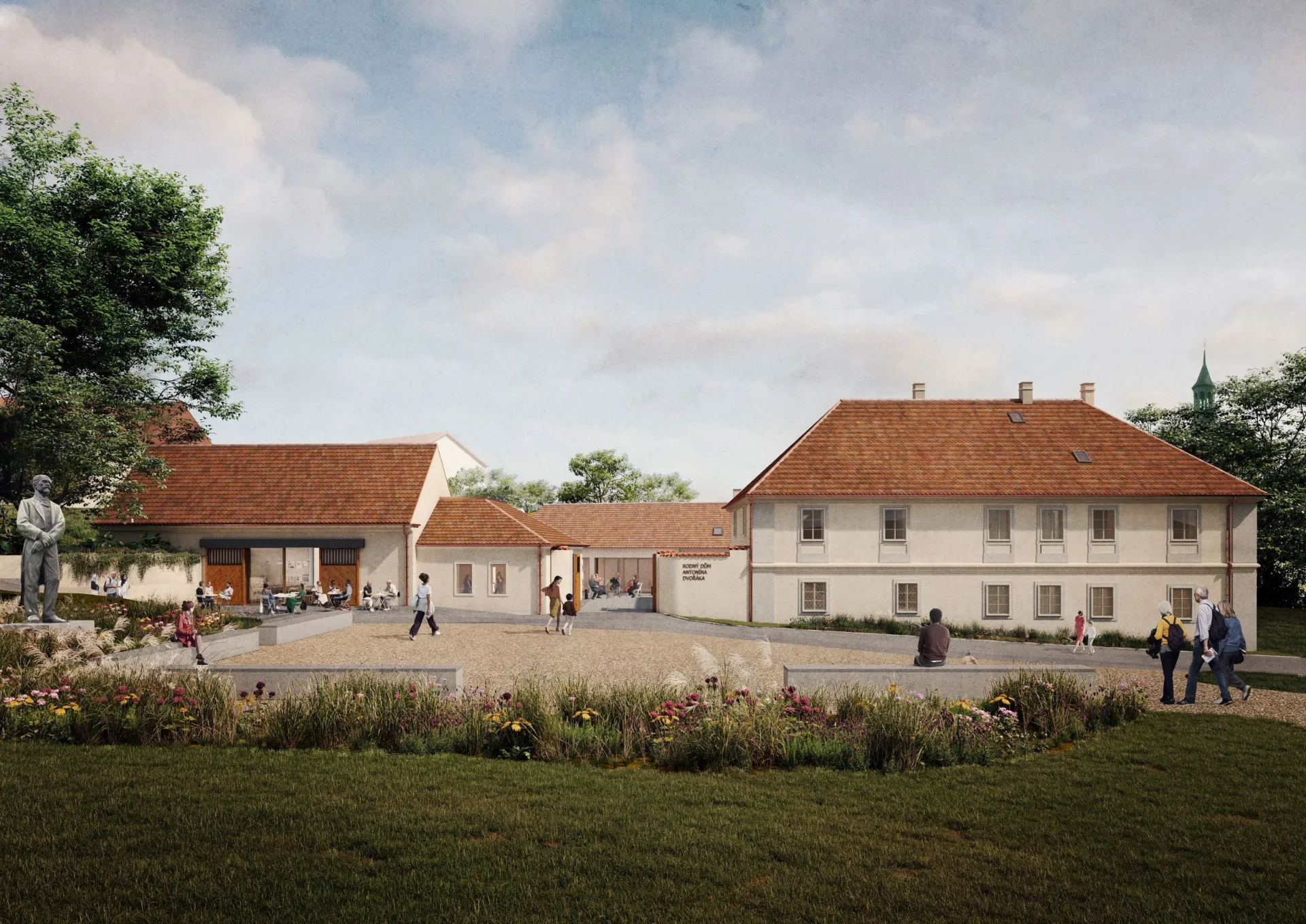 CGI architectural rendering of a public square in front of the Dvorak Birth House Museum with a lawn and several individuals walking across the site