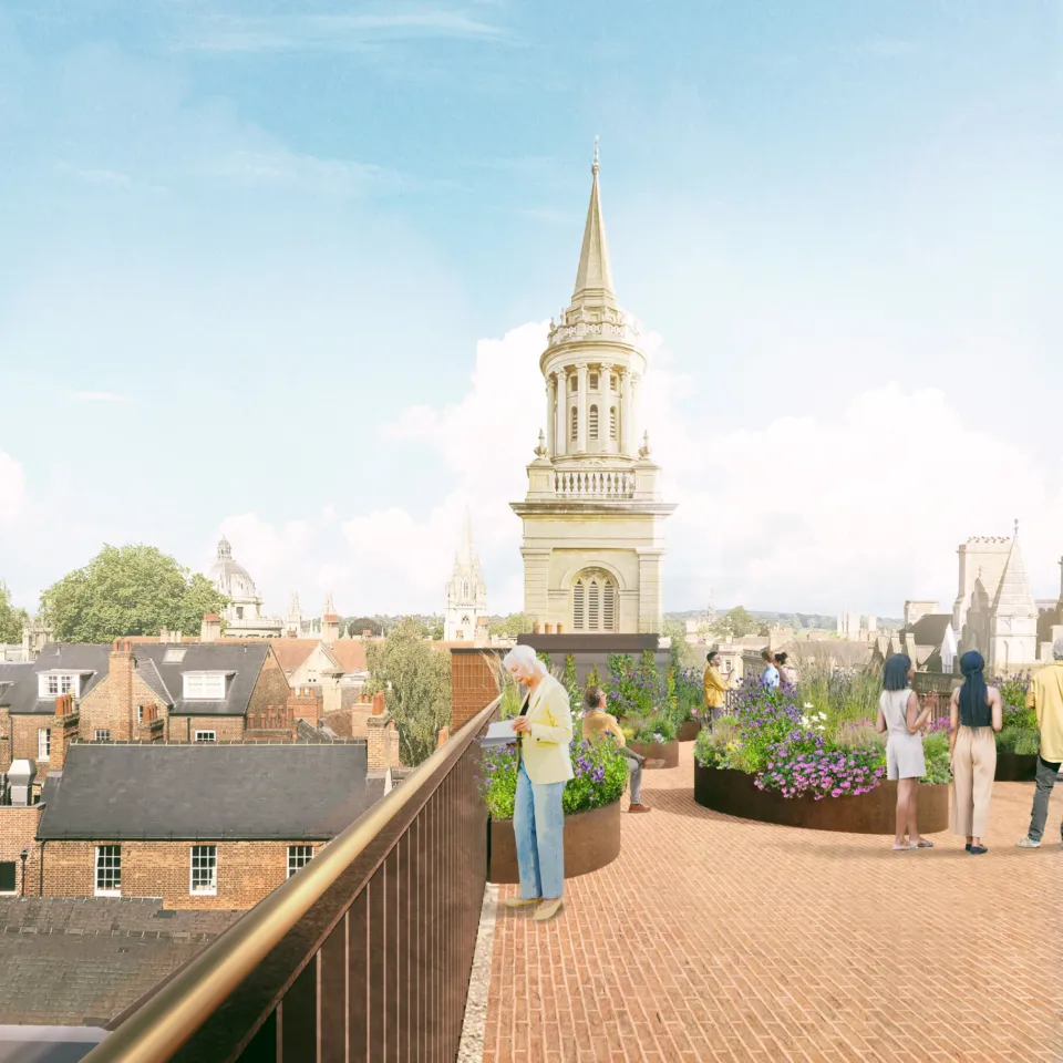 Rendering Image of the new All Souls College's terrace with people and vegetation