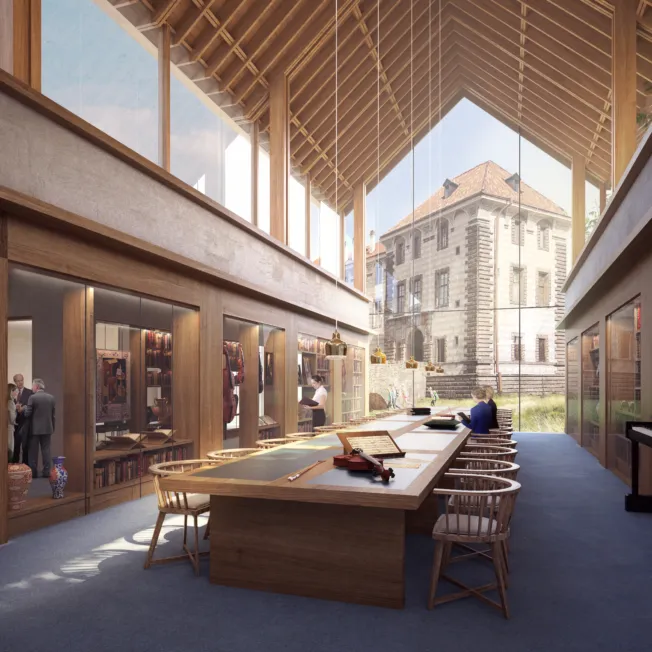 Architectural rendering of a double-height library and reading room with timber beam ceiling and a large glass window at the end of the room facing Nelahozeves Castle.